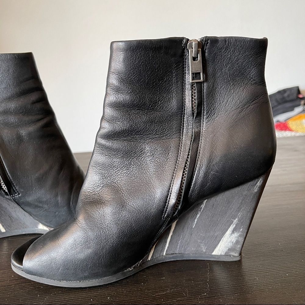Allsaints Black Leather Peep Toe Wood Wedge Heel Boot/Booties All Saints - Picture 6 of 10